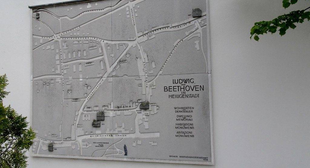 "Beethoven: Habitations and Monuments in Heiligenstadt" . . . now a minor tourist industry in Heiligenstadt. This street map in the Pfarrplatz shows seven of them.